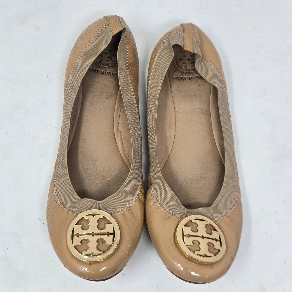 Tory Burch Reva Tan Patent Leather Logo Medallion Ballet Flats Womens 8.5